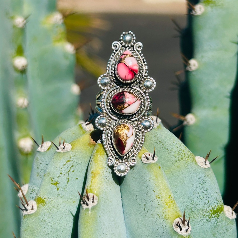 **SOLD**ROSE DAHLIA STERLING SILVER 3 STONE HANDMADE RING